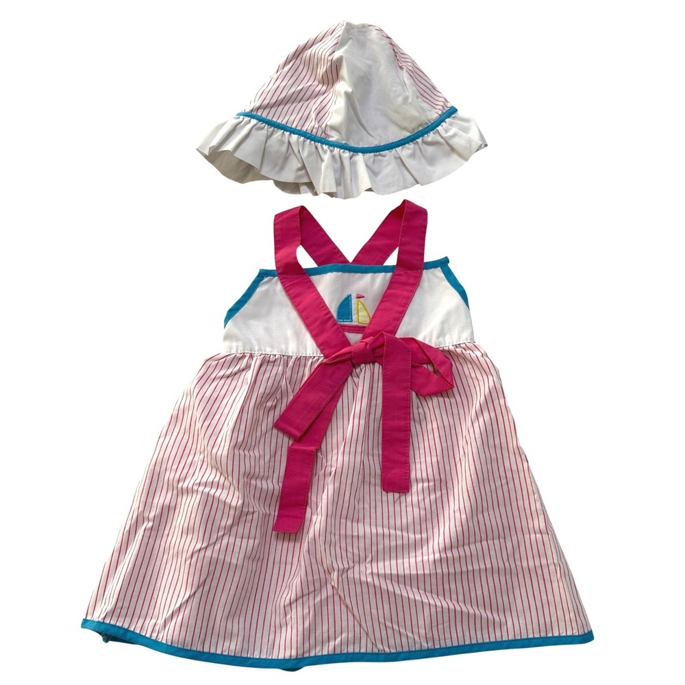 Hush Puppies Sun Dress Hat Set Girls 3T Vintage Nautical Pink Pinstripe Sailboat